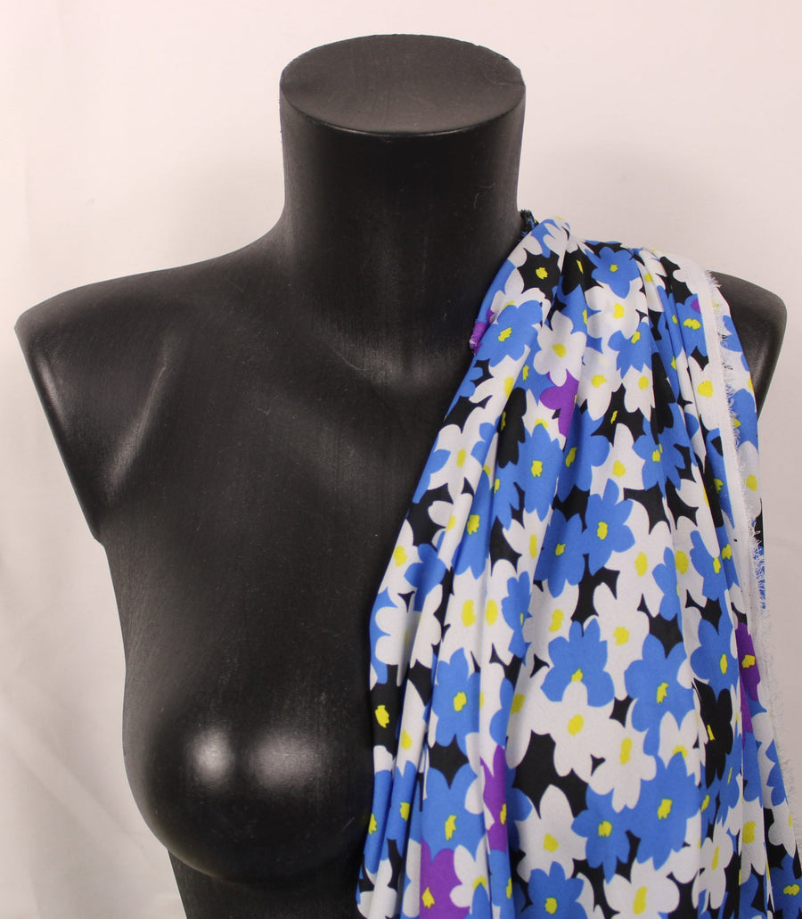 Tissu crêpe georgette  - imprimé fleurs vintages  - noir, bleu et blanc