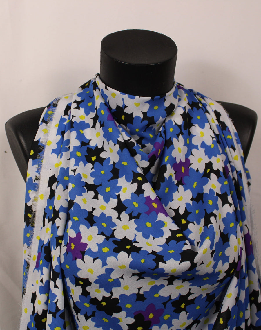 Tissu crêpe georgette  - imprimé fleurs vintages  - noir, bleu et blanc