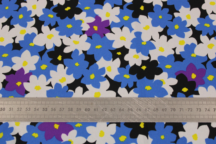 Tissu crêpe georgette  - imprimé fleurs vintages  - noir, bleu et blanc