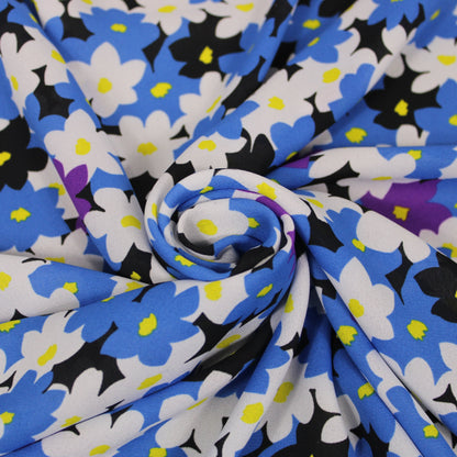Tissu crêpe georgette  - imprimé fleurs vintages  - noir, bleu et blanc - photo 1/5 | So Tissus