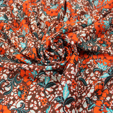Tissu voile de coton - imprimé grosses fleurs - ton orange