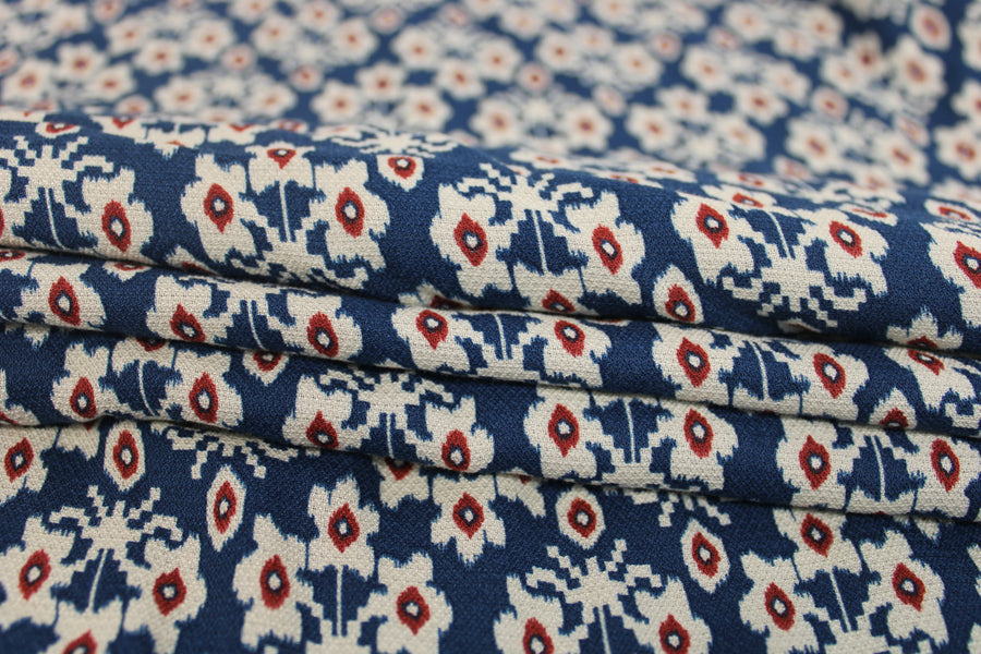 Tissu viscose - imprimé fleurs abstraites - ton bleu pétrole