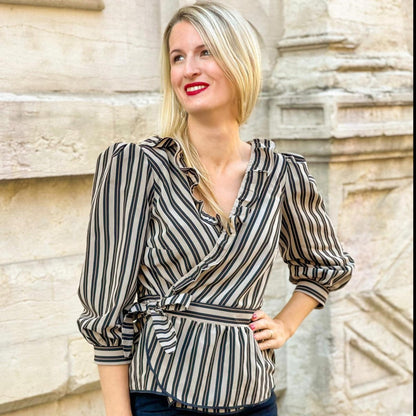 Tissu popeline viscose rayée - tons beige et noir | So Tissus