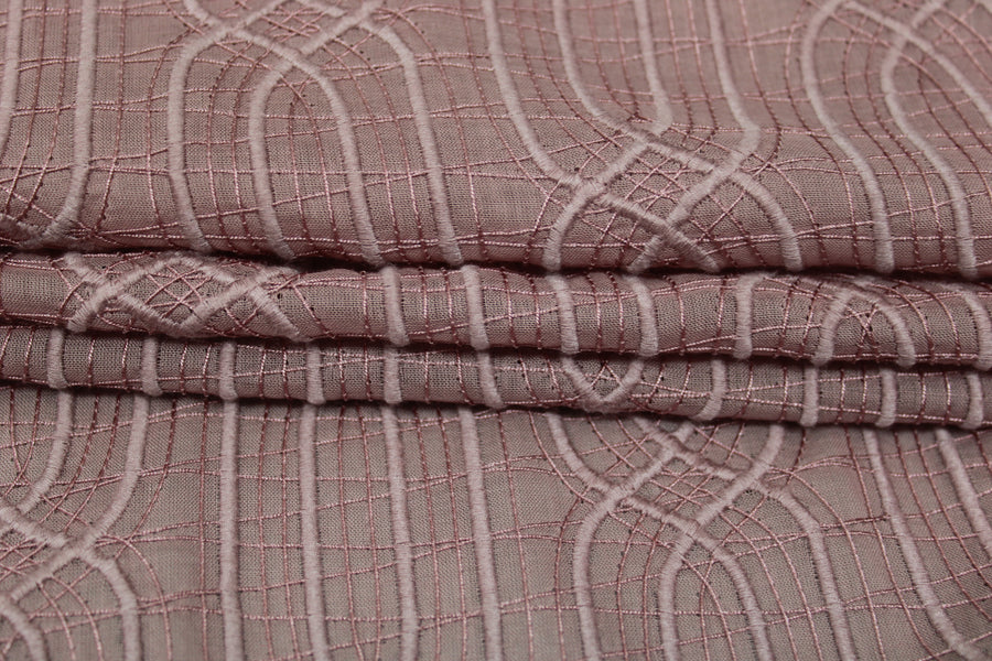 Tissu voile coton brodé - motif géométrique - vieux rose