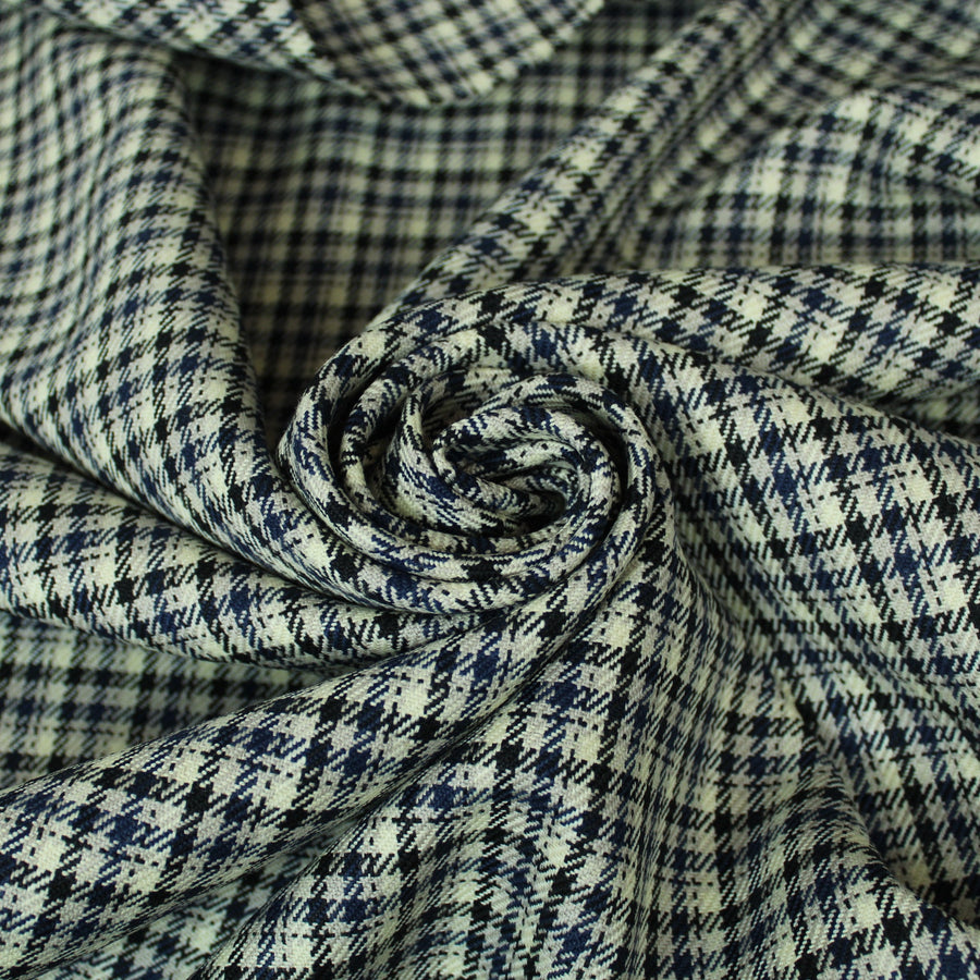 Tissu crêpe de laine - à carreaux - écru, noir et bleu