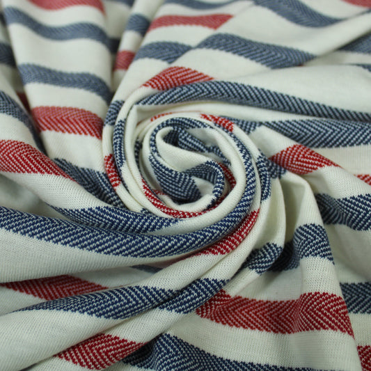 Tissu maille jersey - à rayures - bleu marine, rouge et écru - photo 1/5 | So Tissus