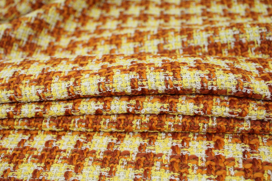 Tissu tweed de laine - à carreaux - ton marron orange et jaune