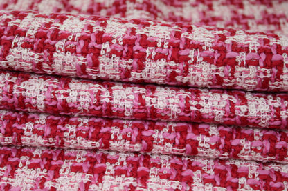 Tissu tweed de laine - à carreaux - ton blanc rouge et rose - photo 2/5 | So Tissus