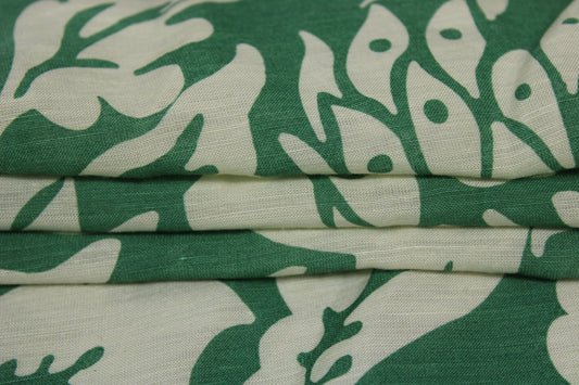 Tissu lin viscose -imprime paon -  vert et écru - photo 2/4 | So Tissus