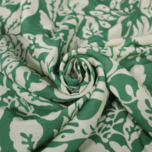 Tissu lin viscose -imprime paon -  vert et écru - photo 1/4 | So Tissus