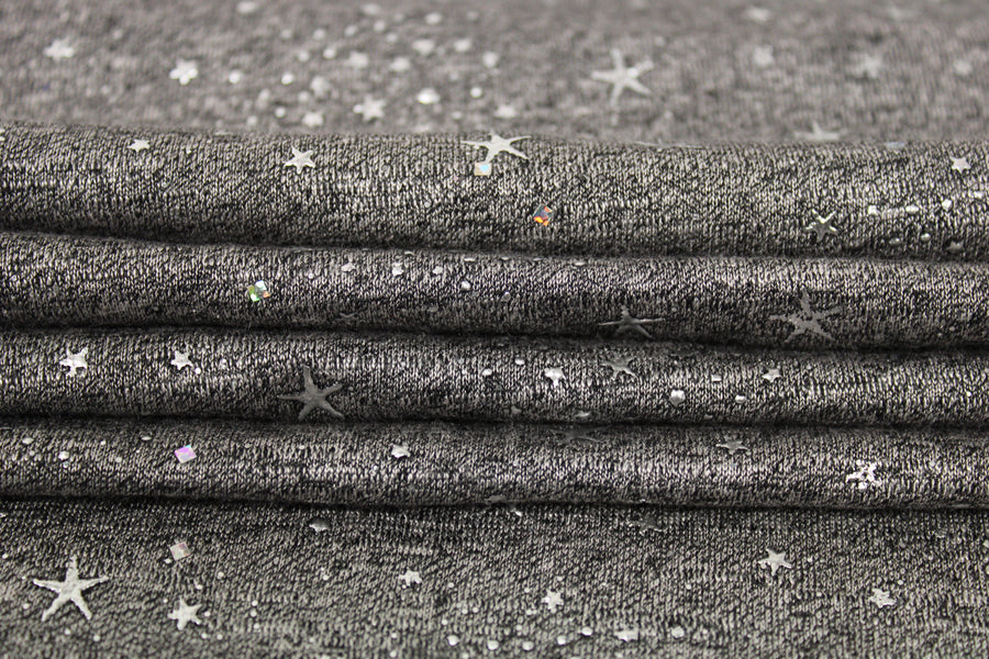 Tissu maille jersey floqué - gris anthracite - motif étoile