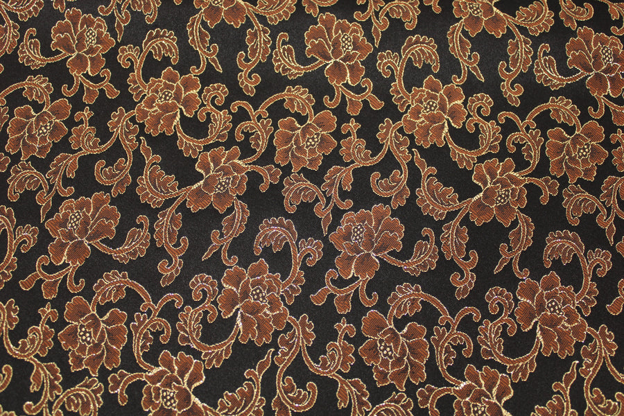 Tissu brocart - motif fleuri - noir marron et doré
