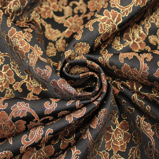 Tissu brocart - motif fleuri - noir marron et doré - photo 1/5 | So Tissus