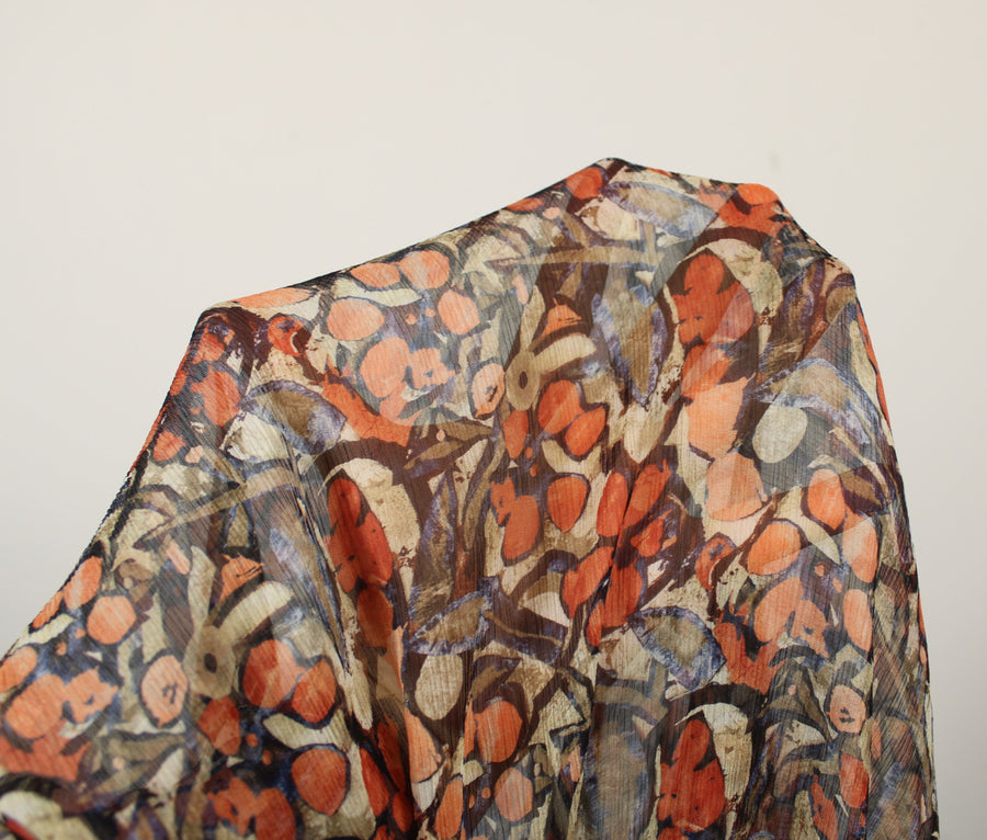 Tissu mousseline soie - imprimé fleurs abstraites - ton orangé
