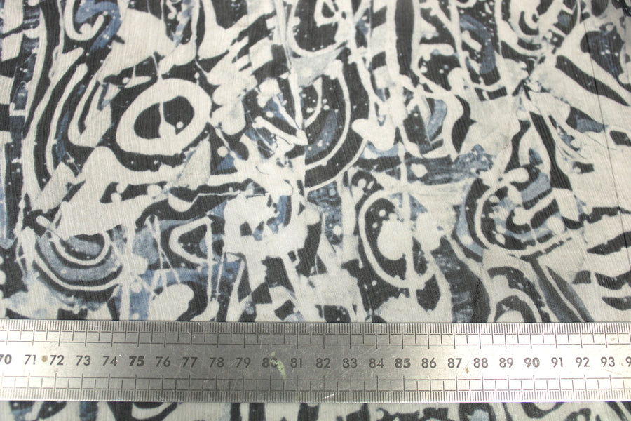 Tissu mousseline soie - imprimé graphique - ton bleu, noir et blanc