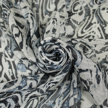 Tissu mousseline soie - imprimé graphique - ton bleu, noir et blanc