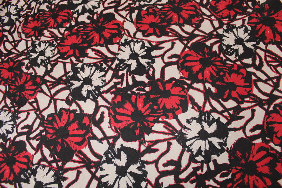 Tissu soie plume - imprimé fleurs abstraites - rouge