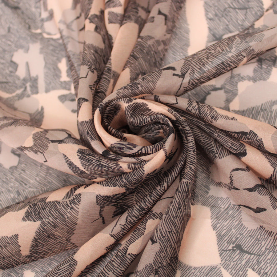 Tissu mousseline de soie- imprimé abstrait - ton rose pâle et gris noir