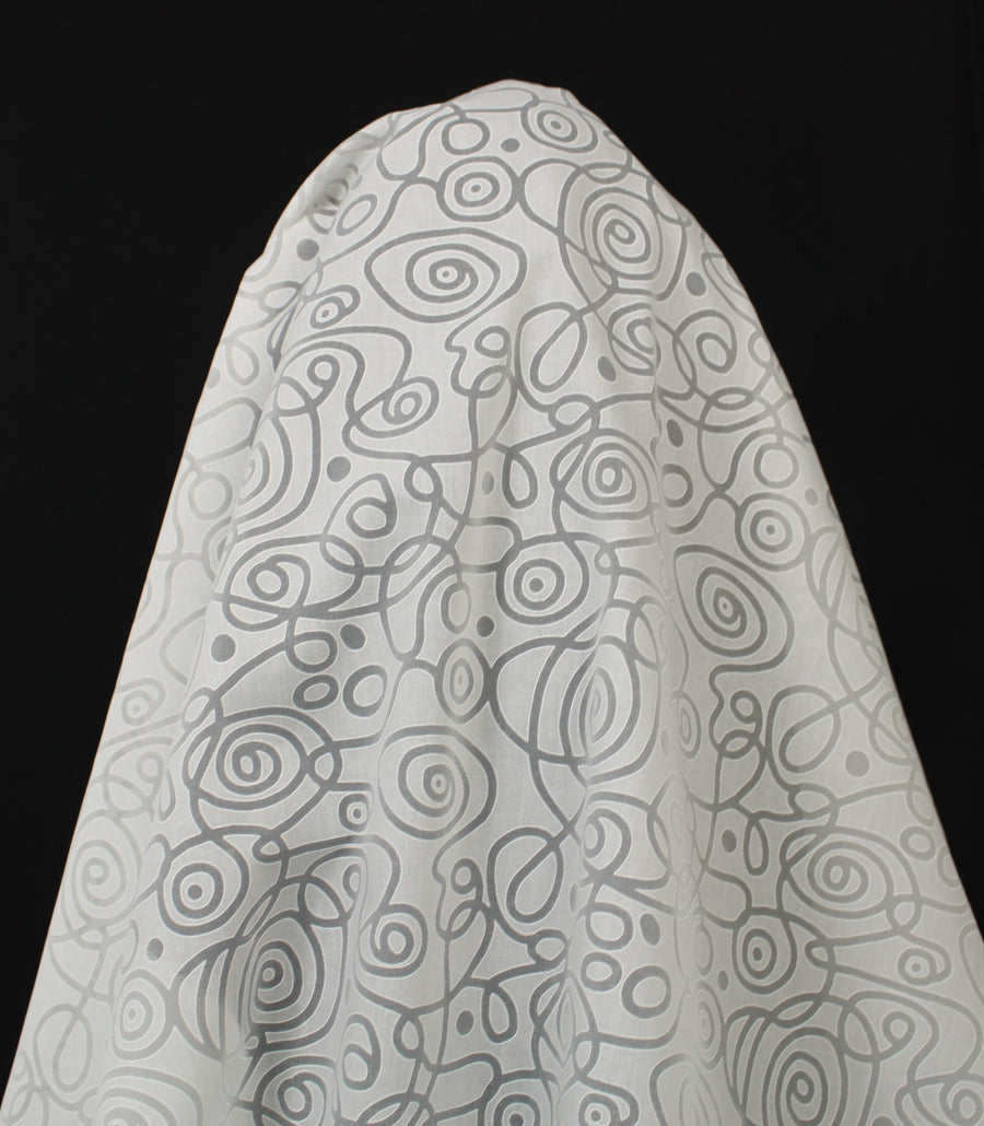 Tissu voile coton dévoré - motif doodling - blanc