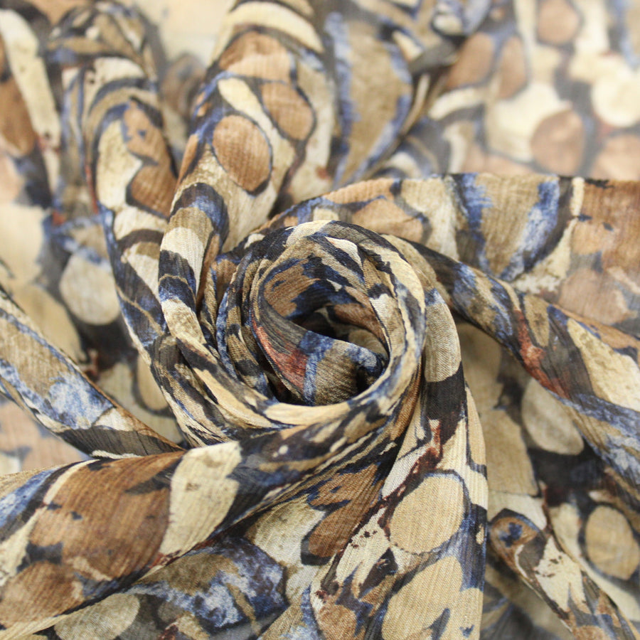 Tissu mousseline soie - imprimé fleurs abstraites - ton marron beige