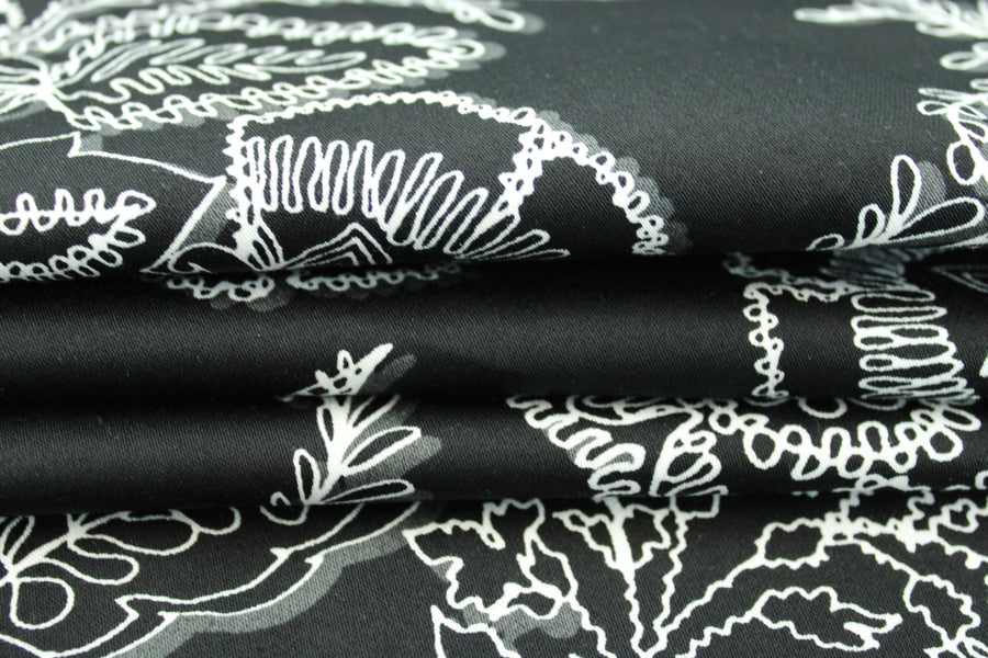 Tissu popeline coton - imprimé fleuri - noir et blanc