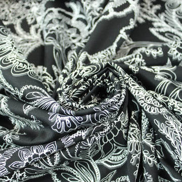 Tissu popeline coton - imprimé fleuri - noir et blanc