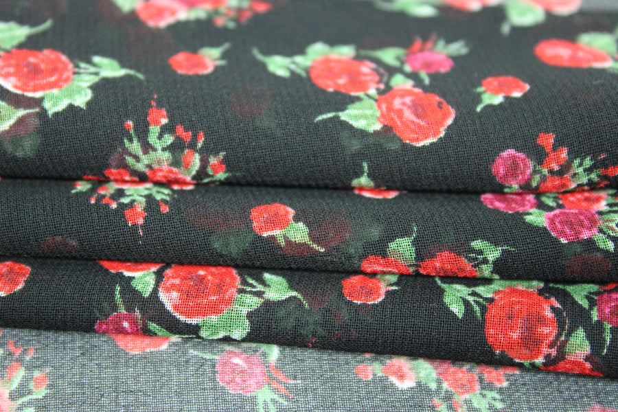 Tissu crêpe georgette  - imprimé petites fleurs rouges