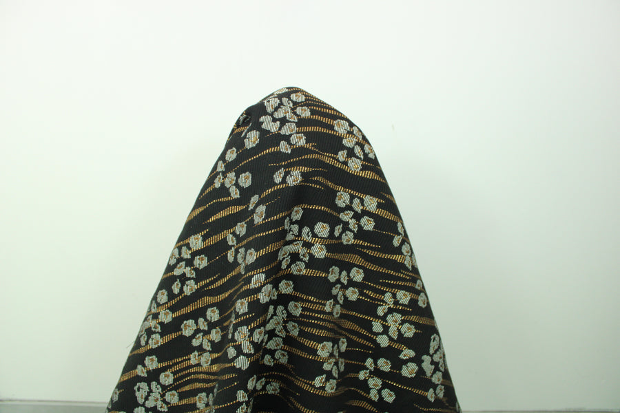 Tissu brocart - imprimé fleuri - noir et doré