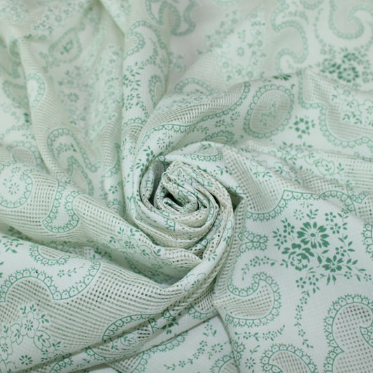 Tissu voile de soie et coton - imprimé arabesque - blanc et vert - photo 1/6 | So Tissus