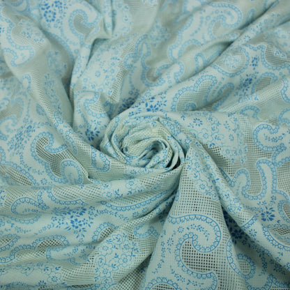 Tissu voile de soie et coton- imprimé arabesque - blanc et bleu ciel - photo 1/6 | So Tissus
