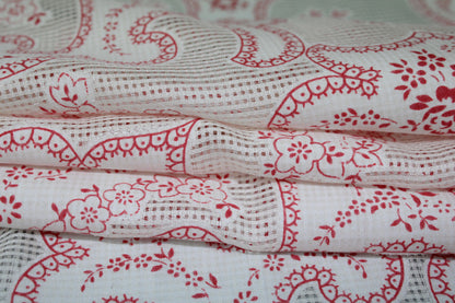 Tissu voile de soie et coton- imprimé arabesque - blanc et framboise - photo 2/5 | So Tissus