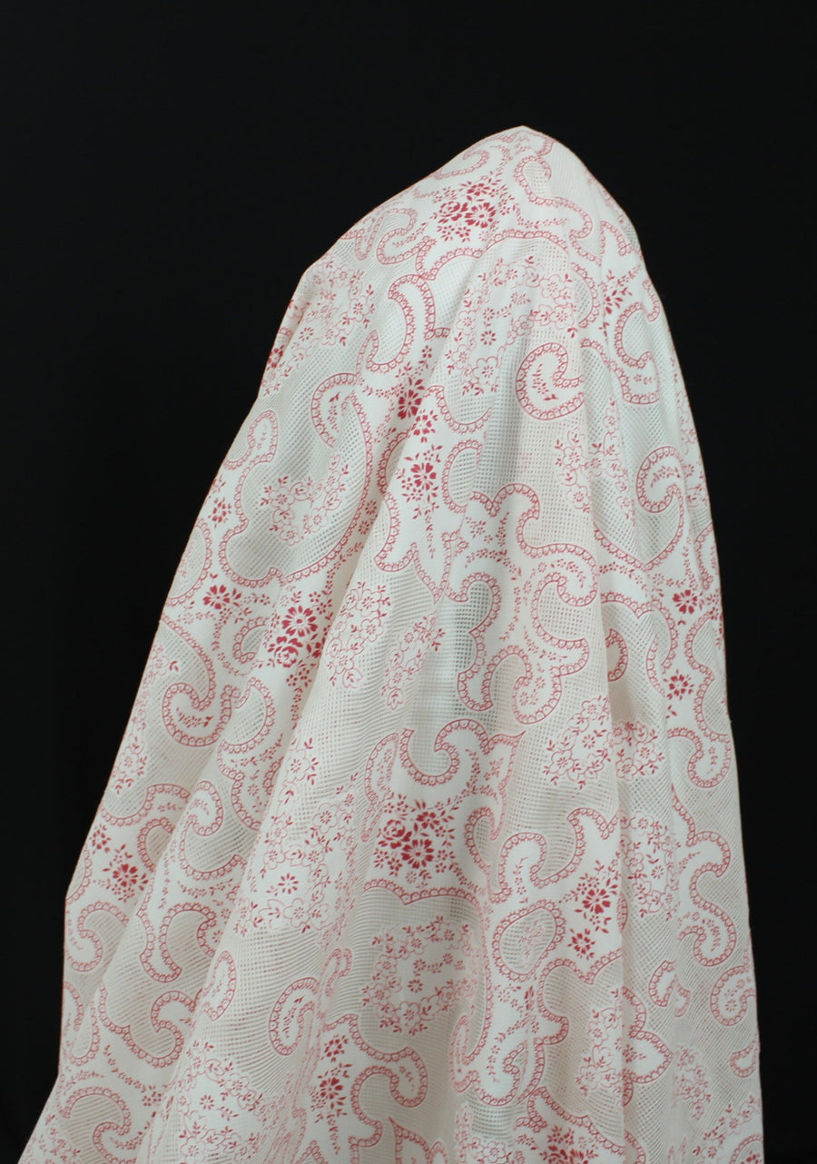 Tissu voile de soie et coton- imprimé arabesque - blanc et framboise