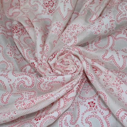 Tissu voile de soie et coton- imprimé arabesque - blanc et framboise - photo 1/5 | So Tissus
