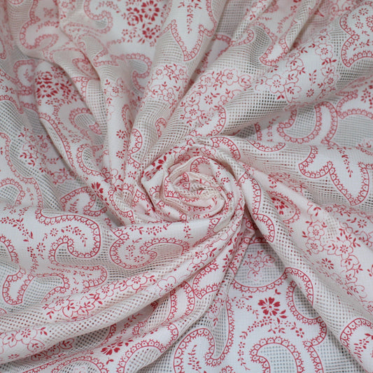 Tissu voile de soie et coton- imprimé arabesque - blanc et framboise - photo 1/5 | So Tissus