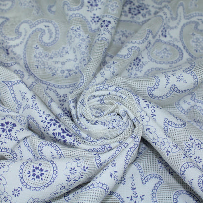 Tissu voile de soie et coton- imprimé arabesque - blanc et bleu - photo 1/5 | So Tissus