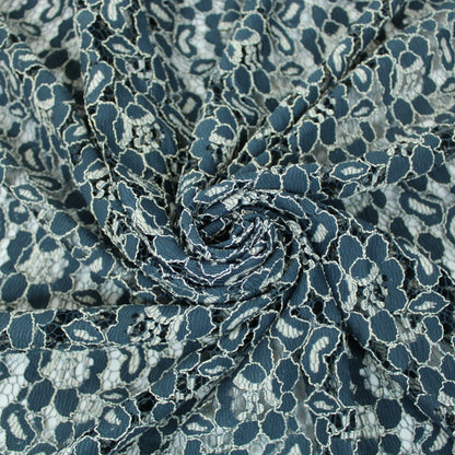 Tissu dentelle fleuri - bleu pétrole et blanc - photo 1/5 | So Tissus