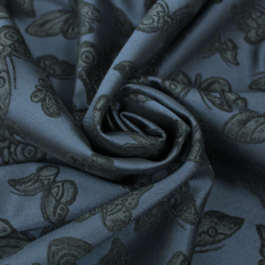 Tissu brocart motif papillons - ton bleu marine