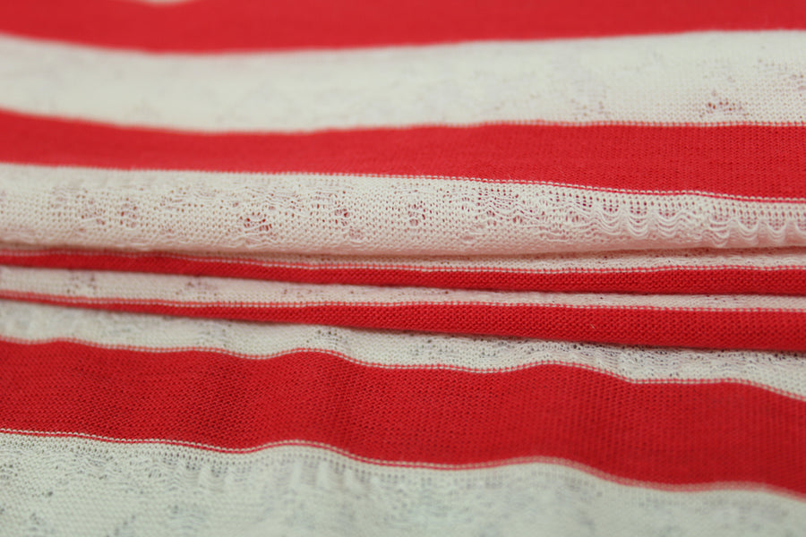 Tissu maille jersey - à rayures - rouge et blanc
