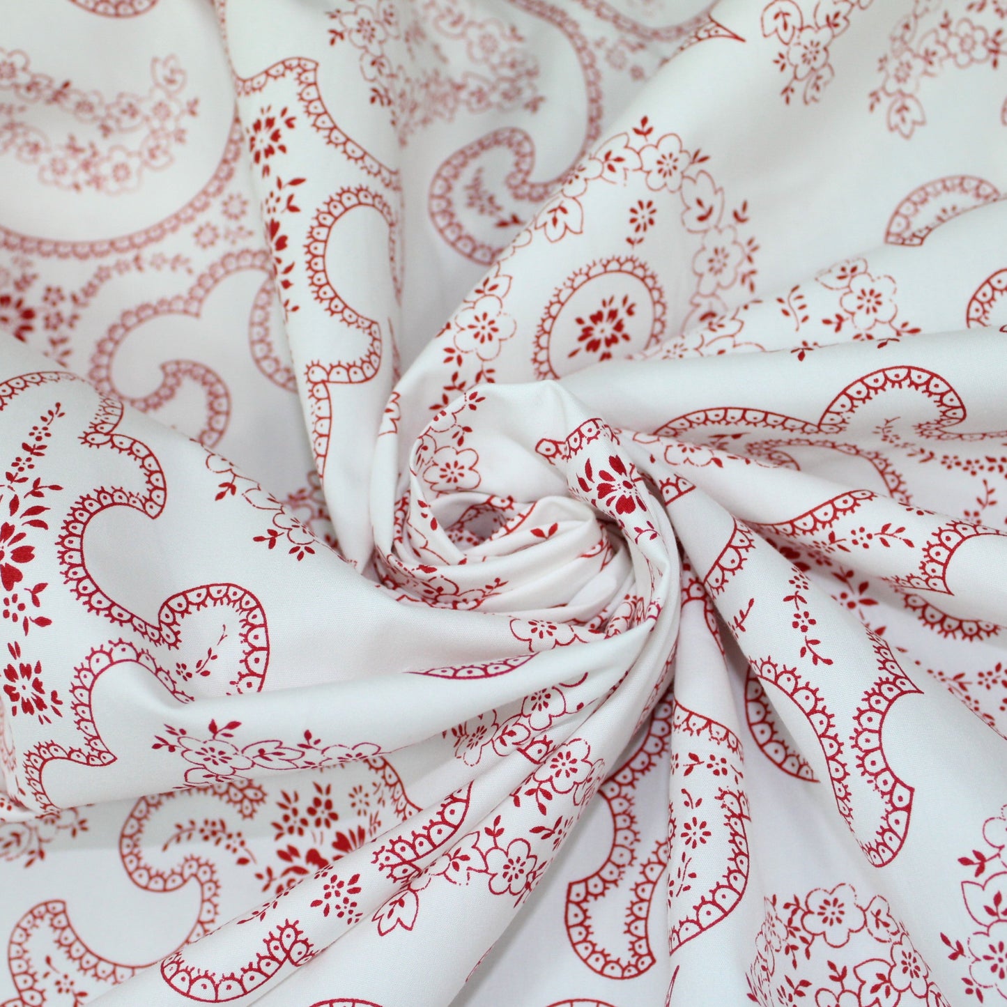 Tissu popeline coton - imprimé arabesque - blanc et framboise - photo 1/5 | So Tissus